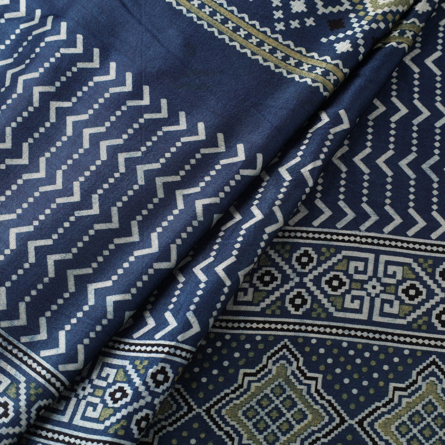 Blue Natural Dyed Mashru Silk Ajrakh Print Fabric