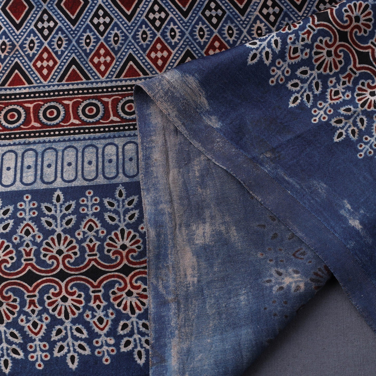 Blue Natural Dyed Mashru Silk Ajrakh Print Fabric
