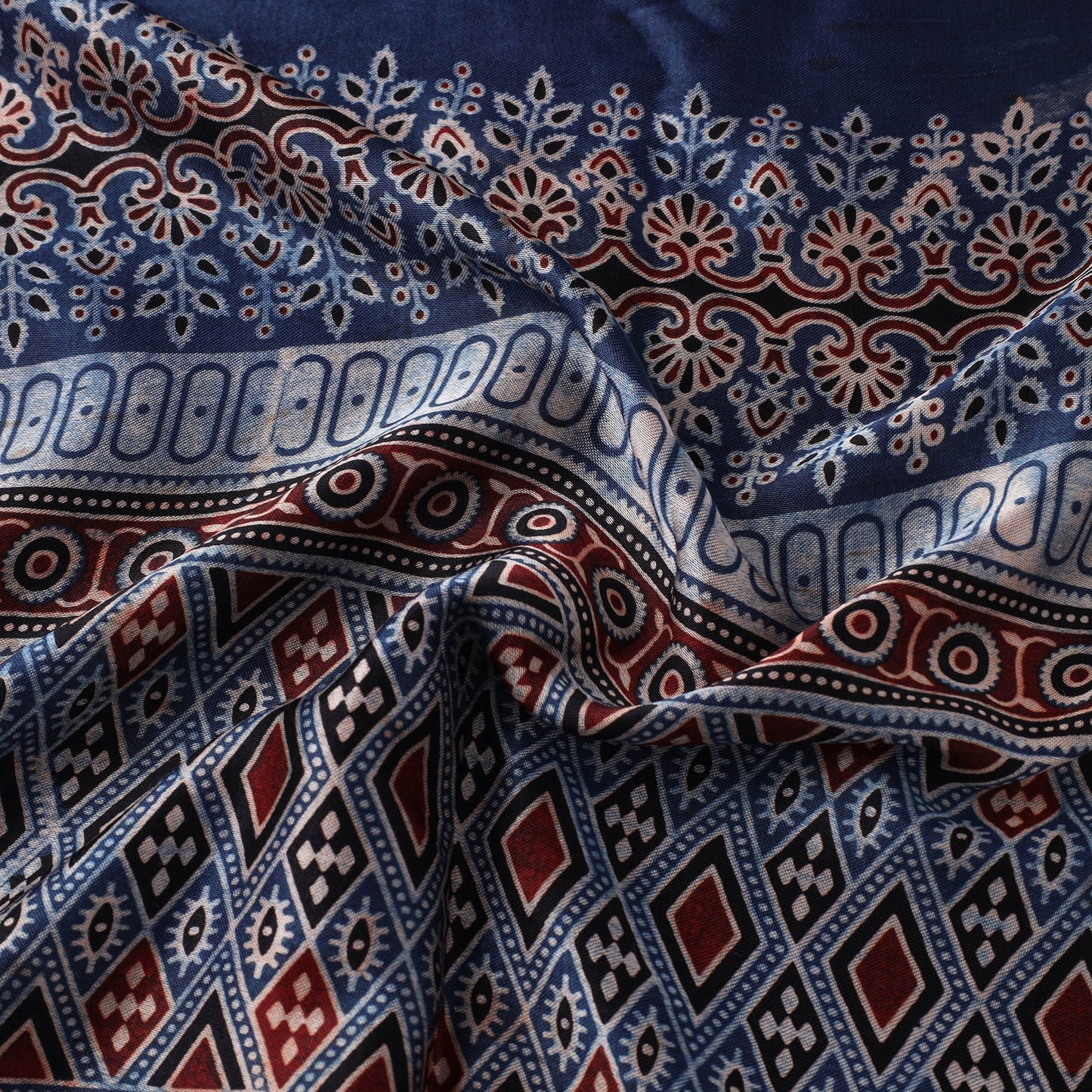Blue Natural Dyed Mashru Silk Ajrakh Print Fabric