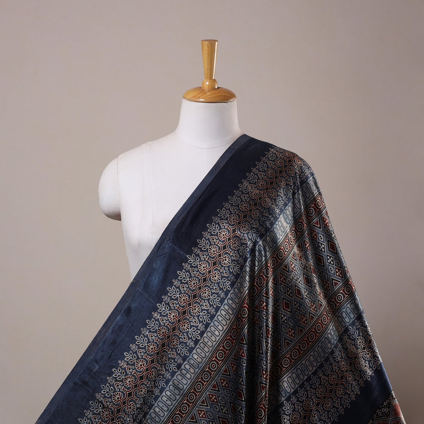 Blue Natural Dyed Mashru Silk Ajrakh Print Fabric