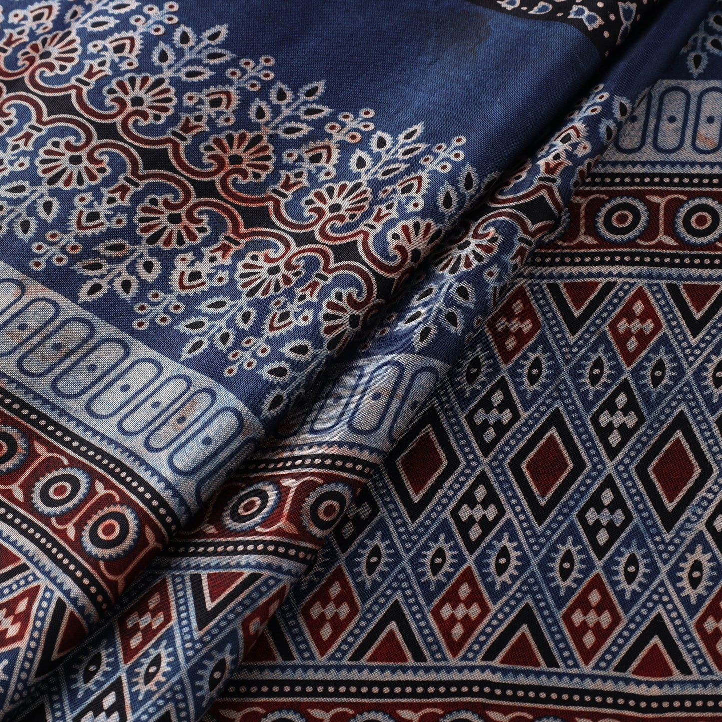 Blue Natural Dyed Mashru Silk Ajrakh Print Fabric