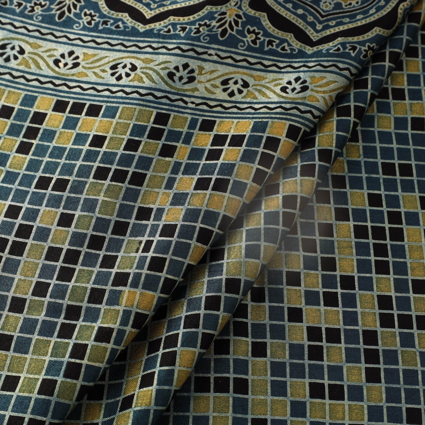Blue Natural Dyed Mashru Silk Ajrakh Print Fabric