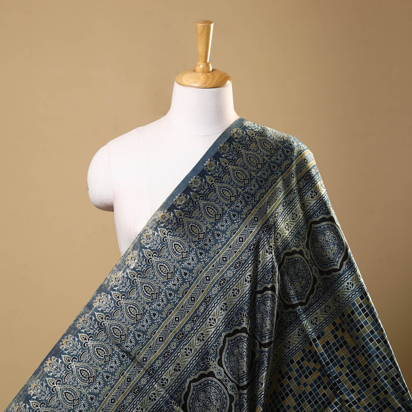 Blue Natural Dyed Mashru Silk Ajrakh Print Fabric