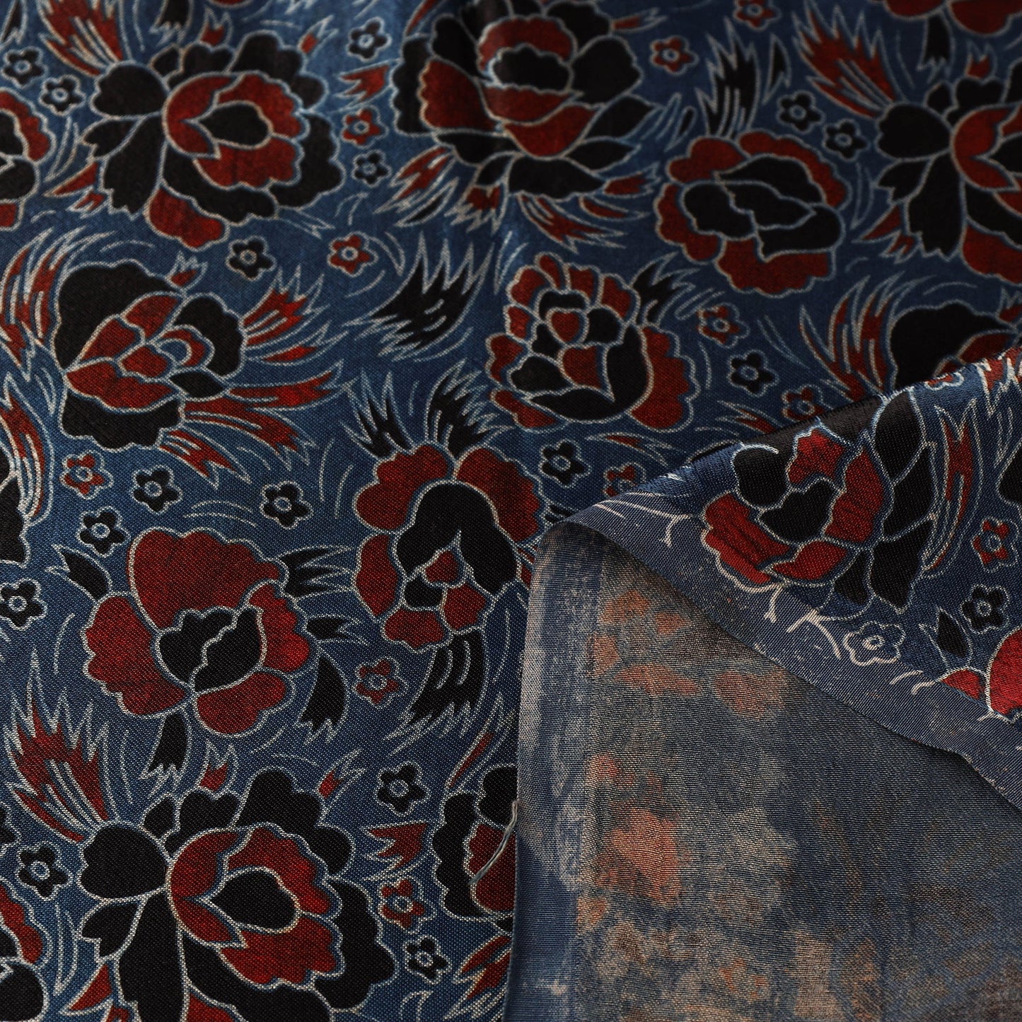 Blue Natural Dyed Mashru Silk Ajrakh Print Fabric