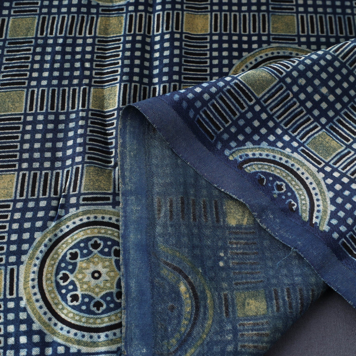 Blue Natural Dyed Mashru Silk Ajrakh Print Fabric