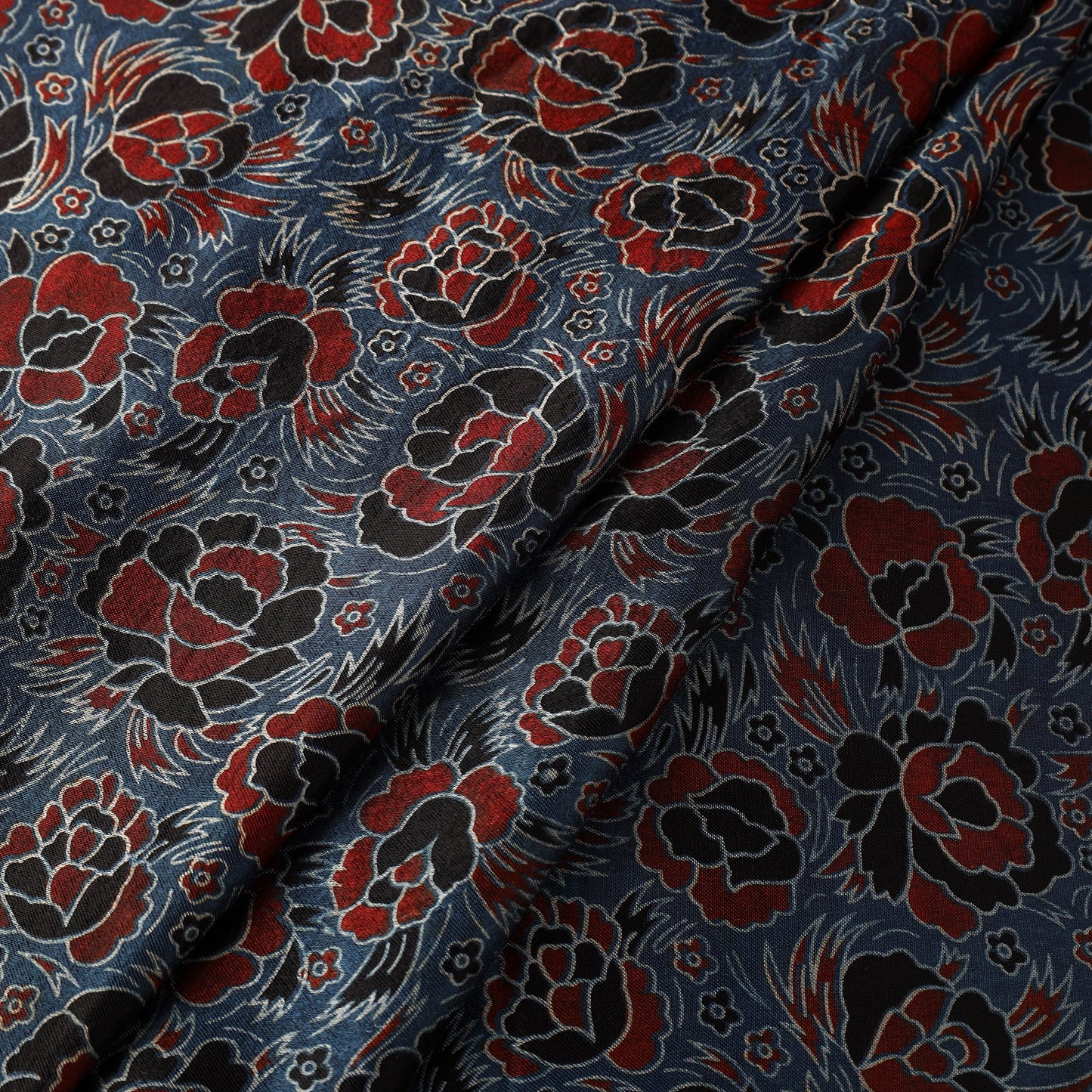 Blue Natural Dyed Mashru Silk Ajrakh Print Fabric