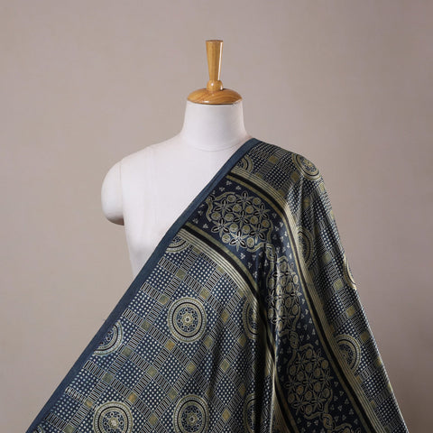 Blue Natural Dyed Mashru Silk Ajrakh Print Fabric