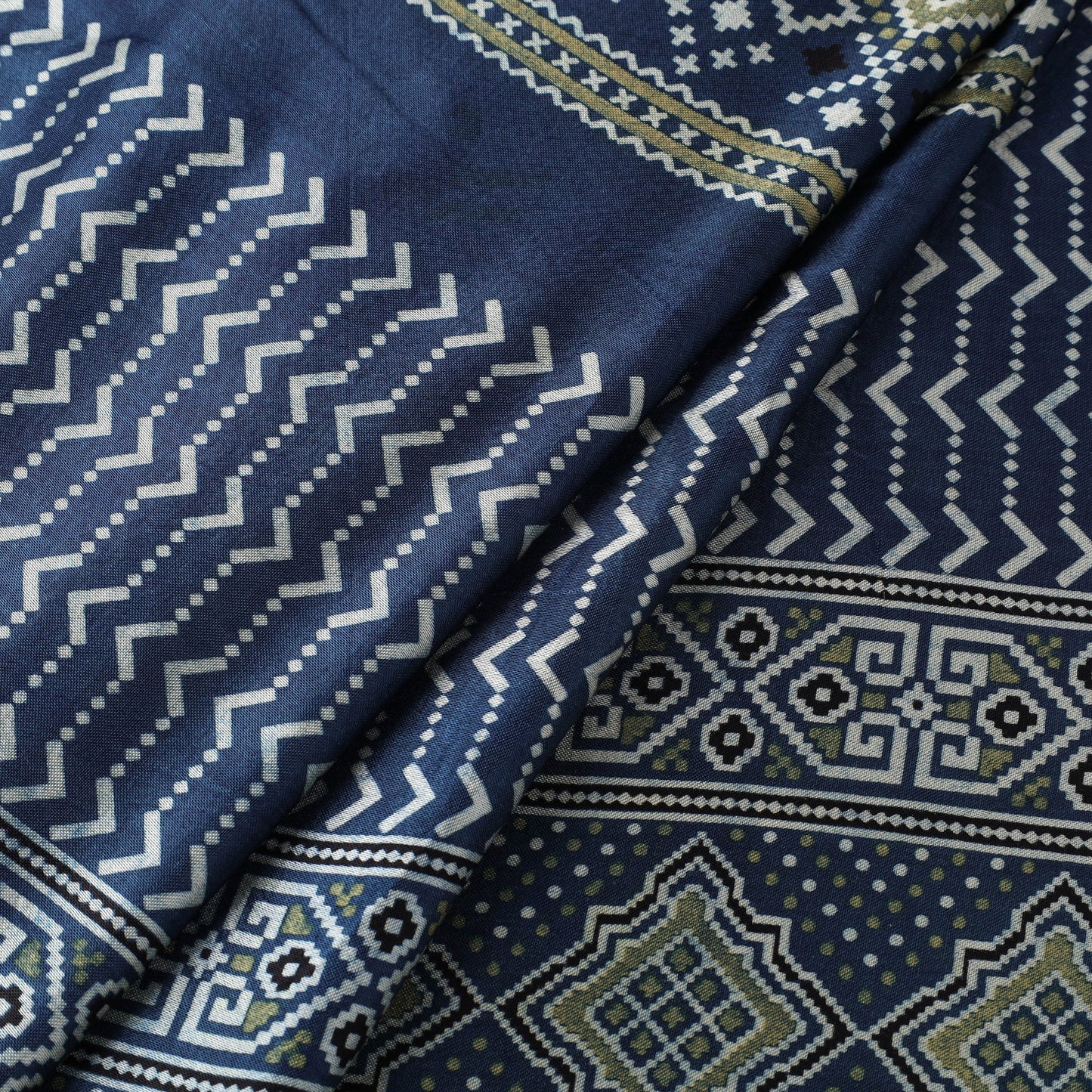 Blue Natural Dyed Mashru Silk Ajrakh Print Fabric