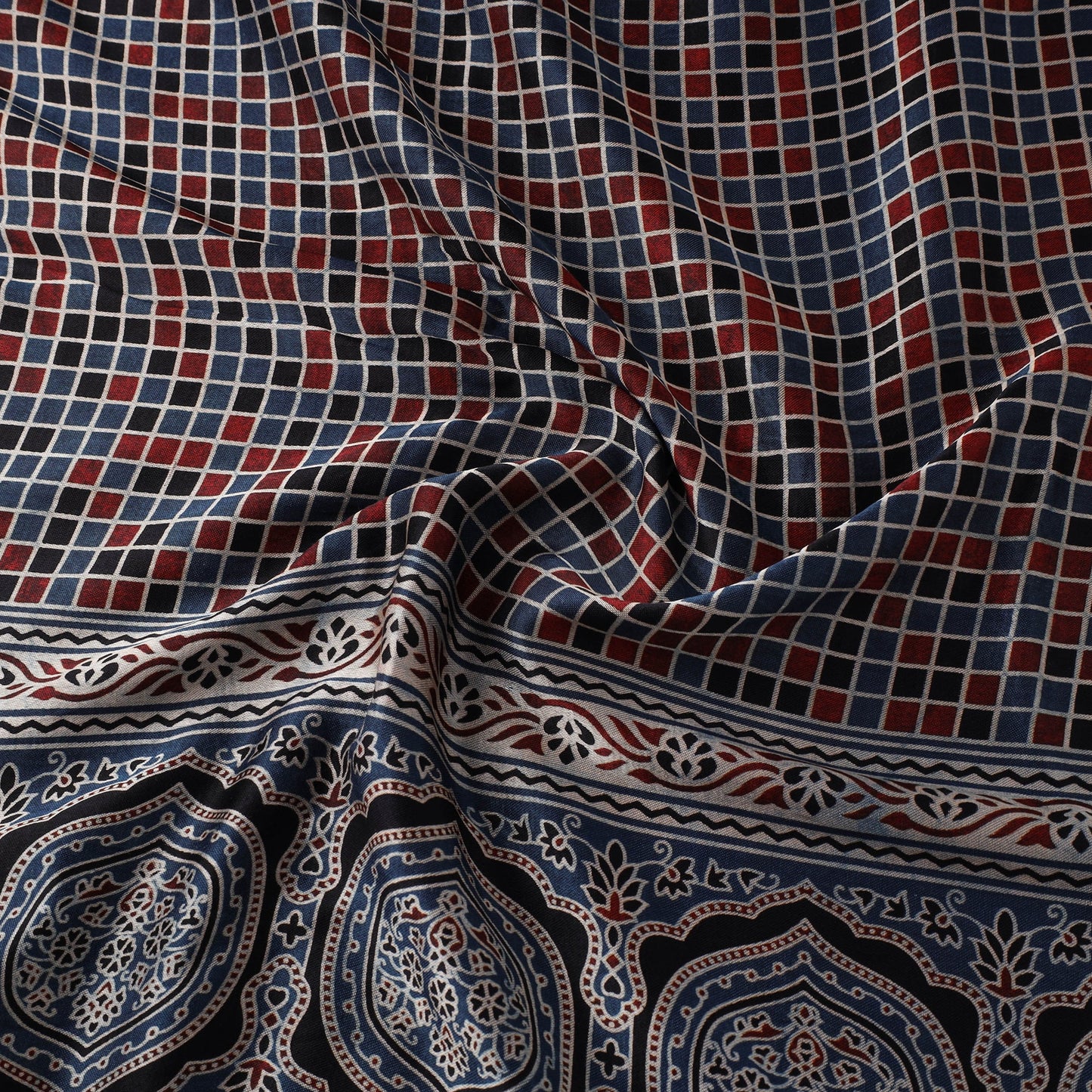 Blue Natural Dyed Mashru Silk Ajrakh Print Fabric