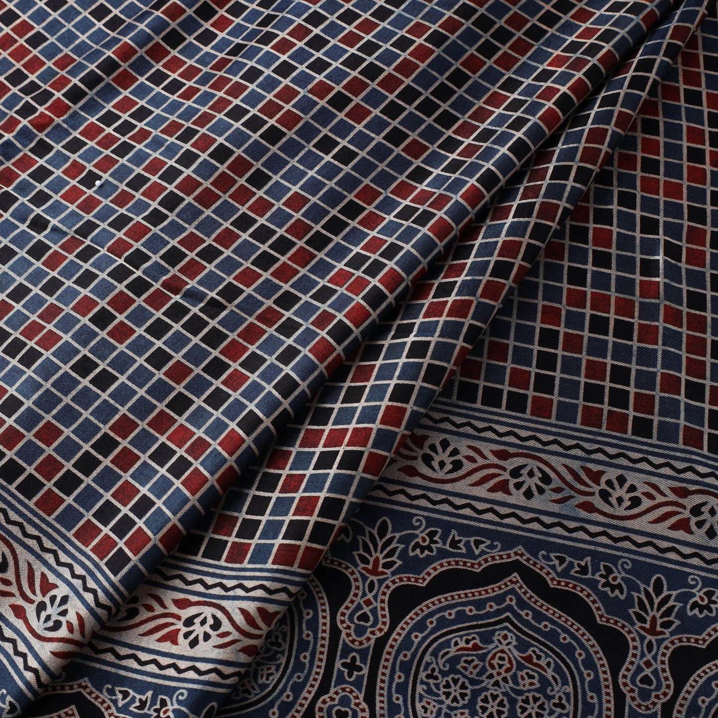 Blue Natural Dyed Mashru Silk Ajrakh Print Fabric