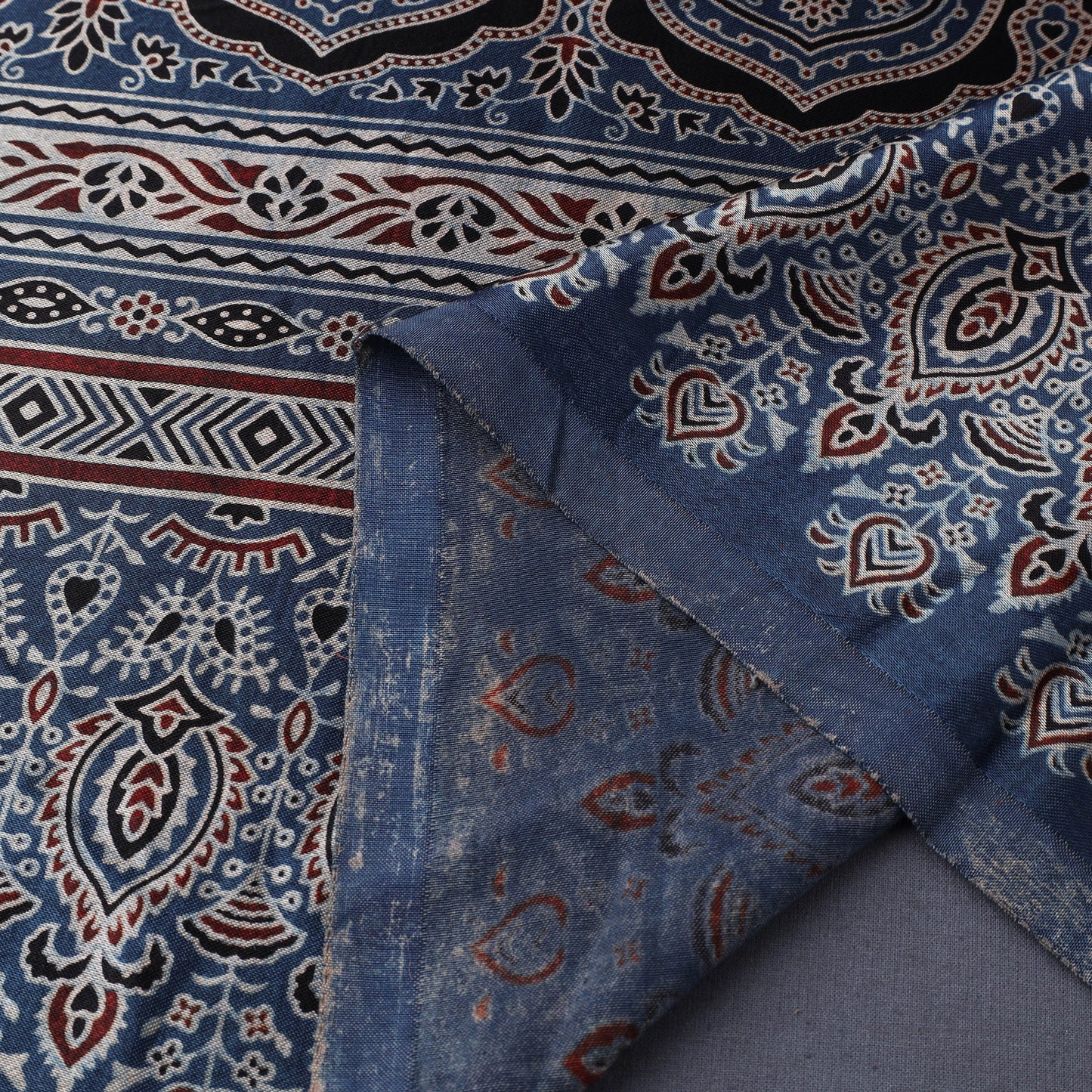 Blue Natural Dyed Mashru Silk Ajrakh Print Fabric