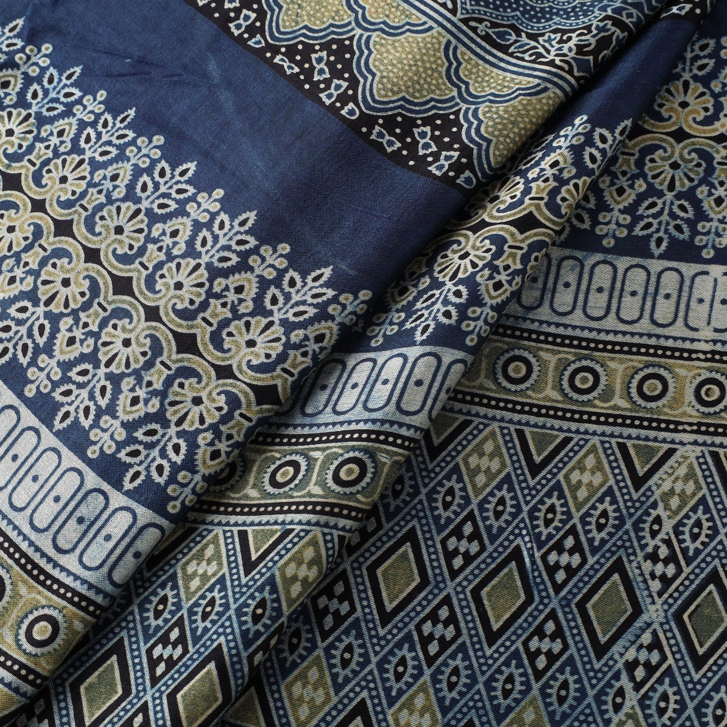 Blue Natural Dyed Mashru Silk Ajrakh Print Fabric