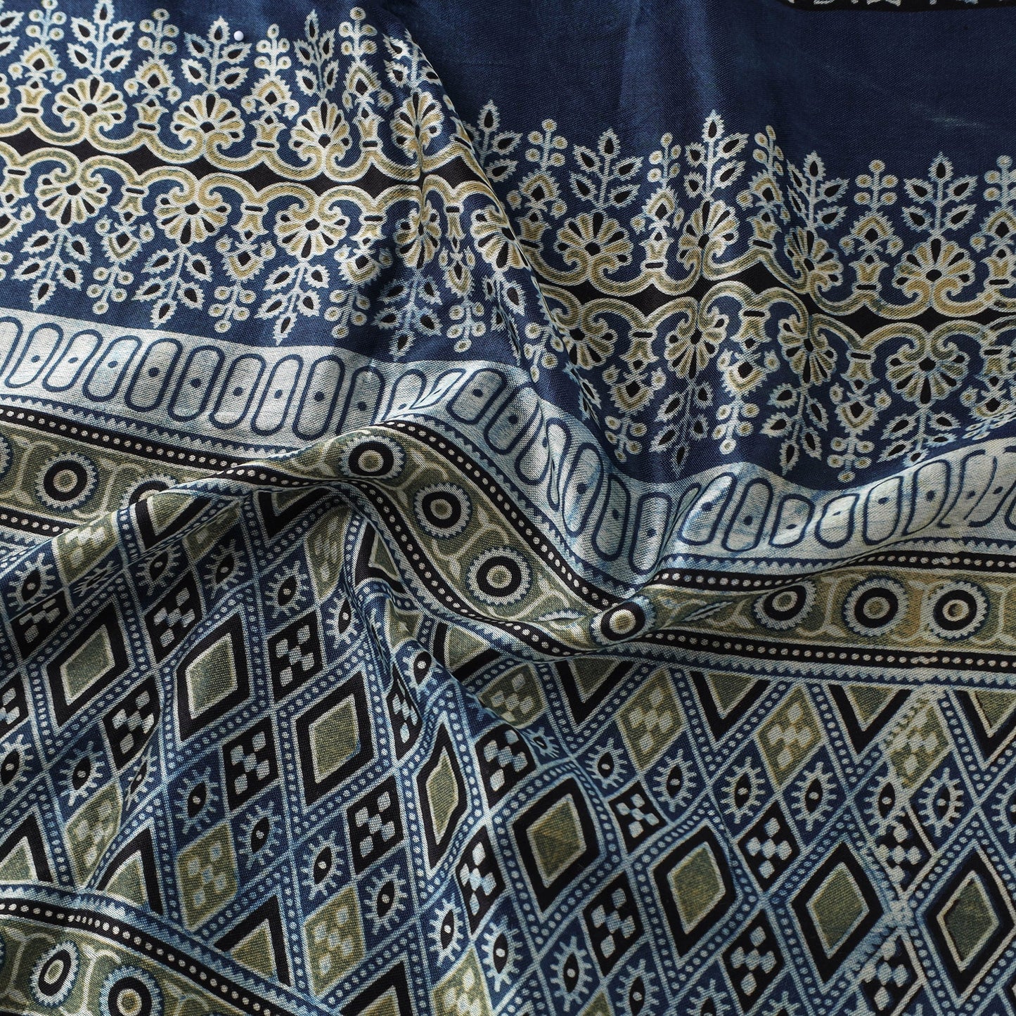 Blue Natural Dyed Mashru Silk Ajrakh Print Fabric