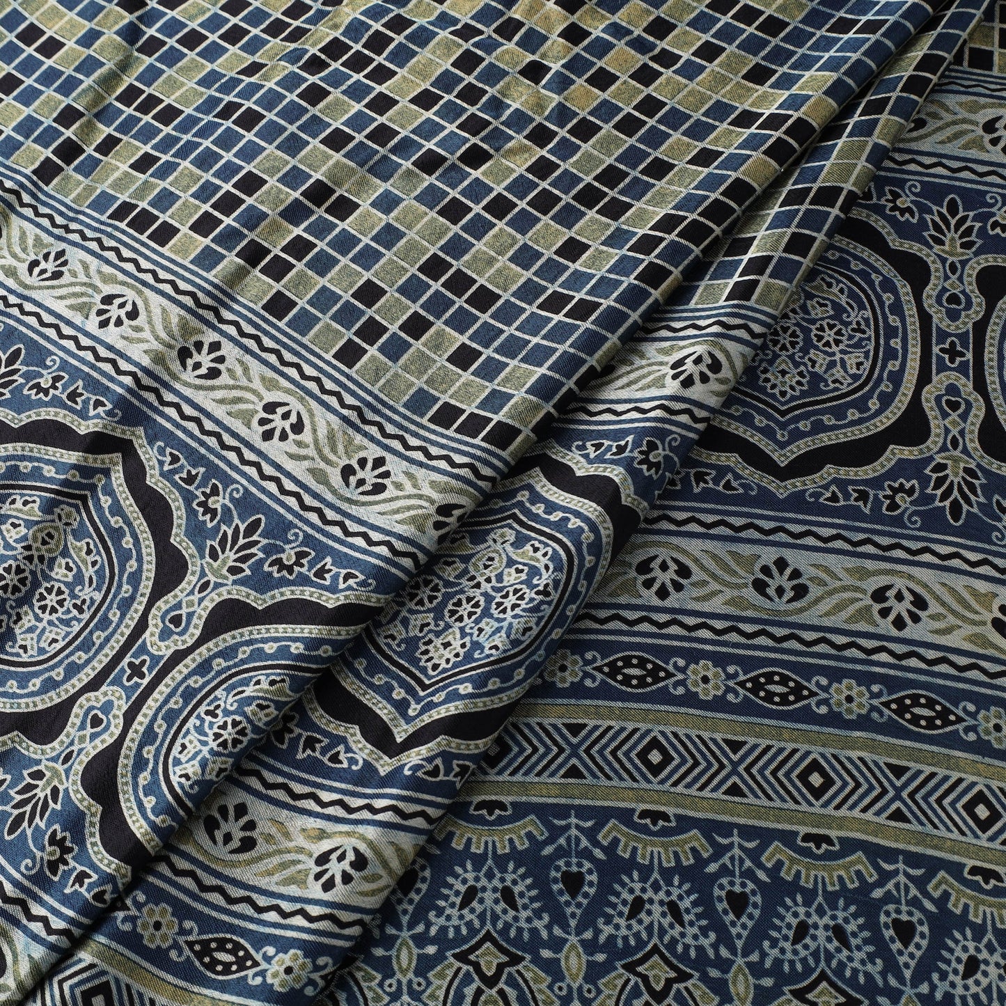 Blue Natural Dyed Mashru Silk Ajrakh Print Fabric