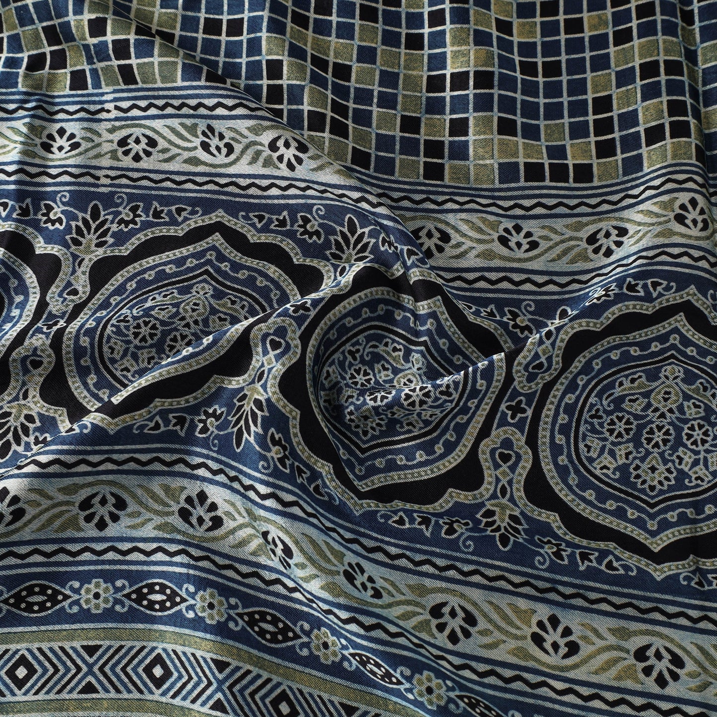 Blue Natural Dyed Mashru Silk Ajrakh Print Fabric