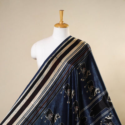 Blue - natural dyed mashru silk fabric 31 - handcrafted