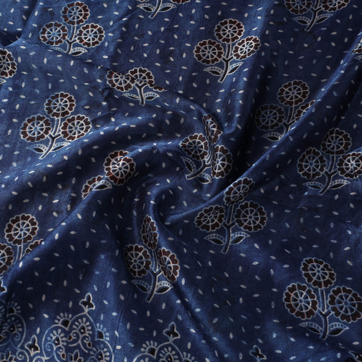 Blue Natural Dyed Mashru Silk Ajrakh Print Fabric