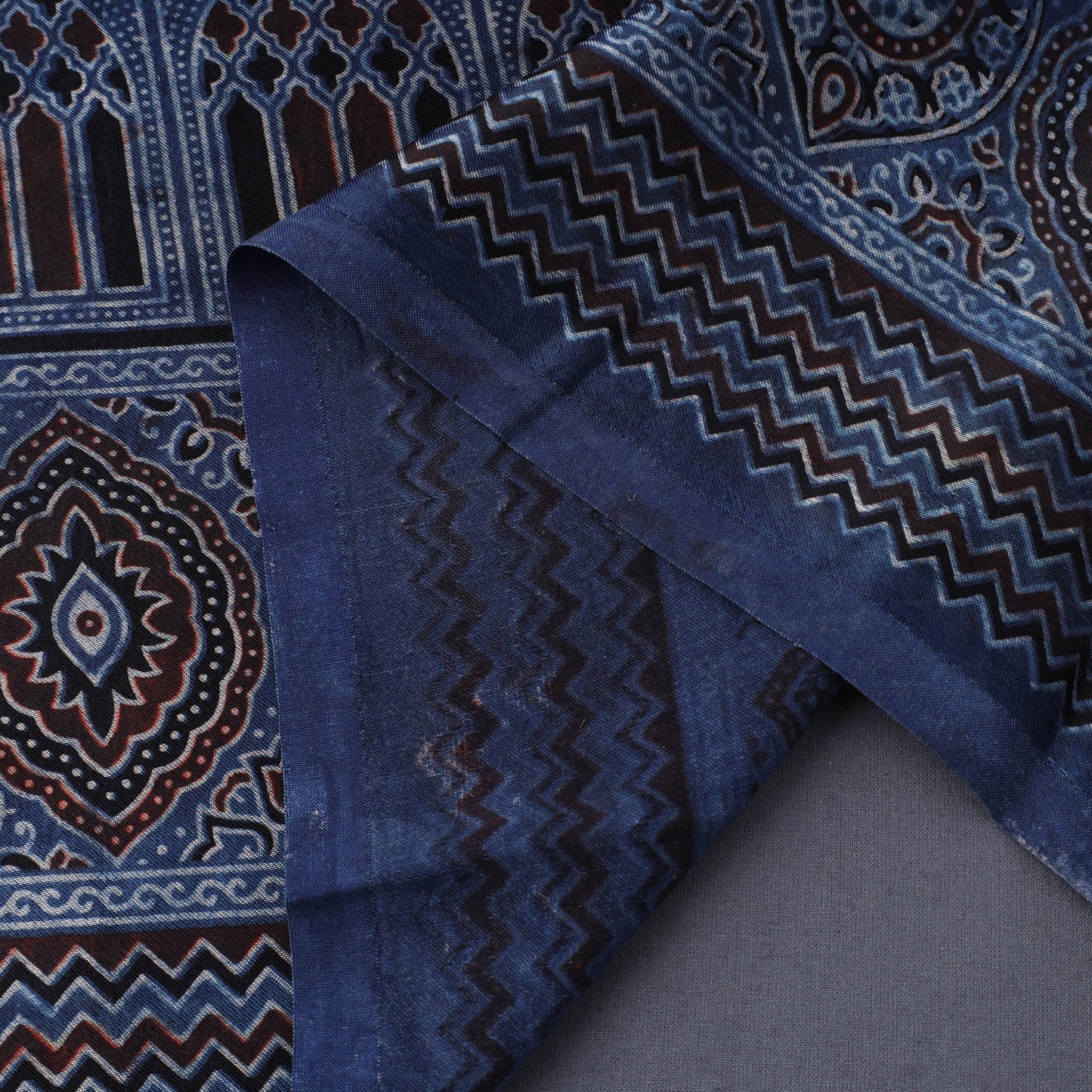 Blue Natural Dyed Mashru Silk Ajrakh Print Fabric