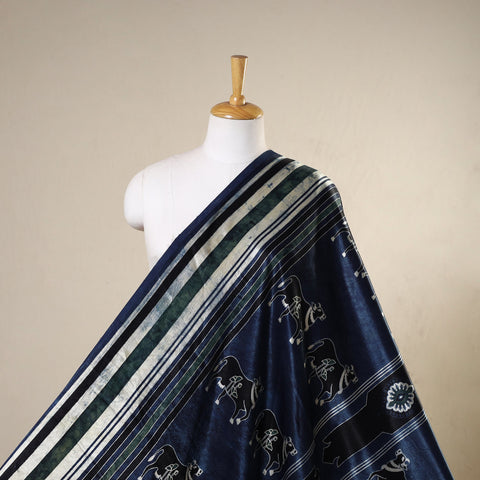 Blue - natural dyed mashru silk fabric 33 - handcrafted