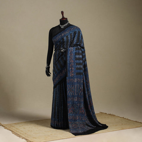 Blue - natural dyed silk saree 01 - handcrafted