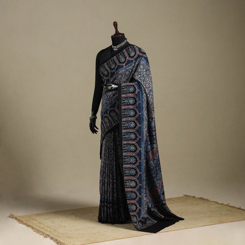 Blue - natural dyed silk saree 07 - handcrafted