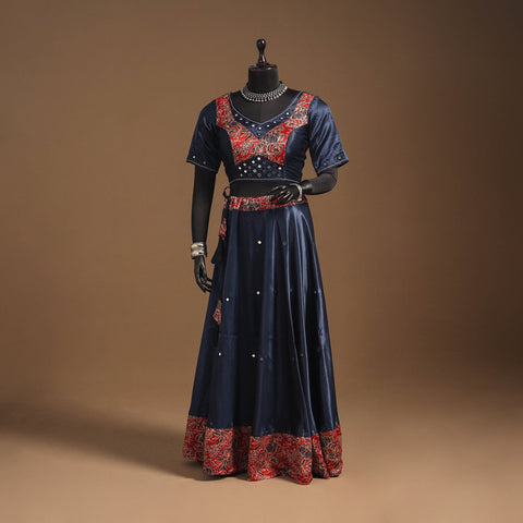 Blue Navratri Garba Chaniya Choli Set in Mashru Silk with Ajrakh Patch