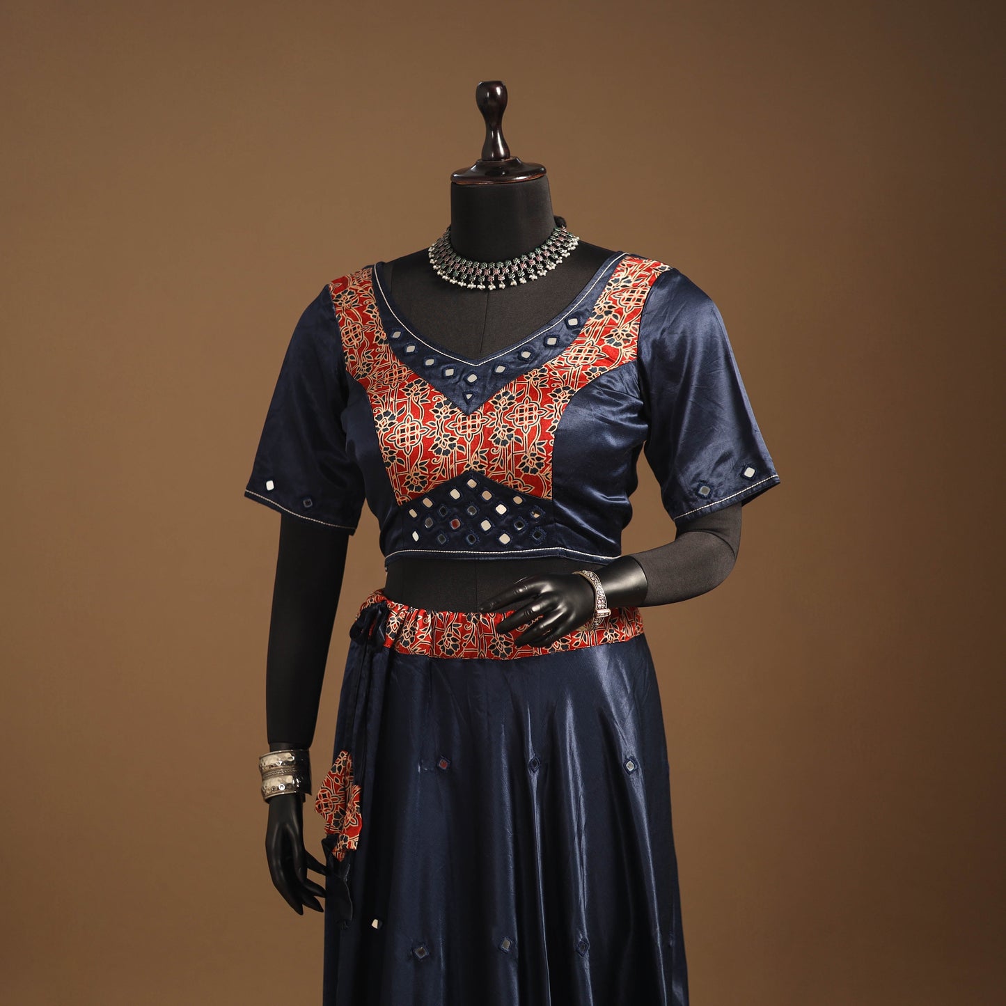 Blue Navratri Garba Chaniya Choli Set in Mashru Silk with Ajrakh Patch