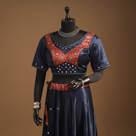 Blue Navratri Garba Chaniya Choli Set in Mashru Silk with Ajrakh Patch