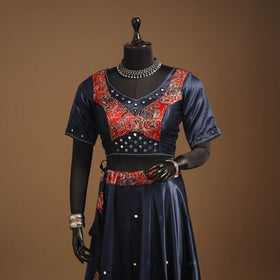 Blue Navratri Garba Chaniya Choli Set in Mashru Silk with Ajrakh Patch