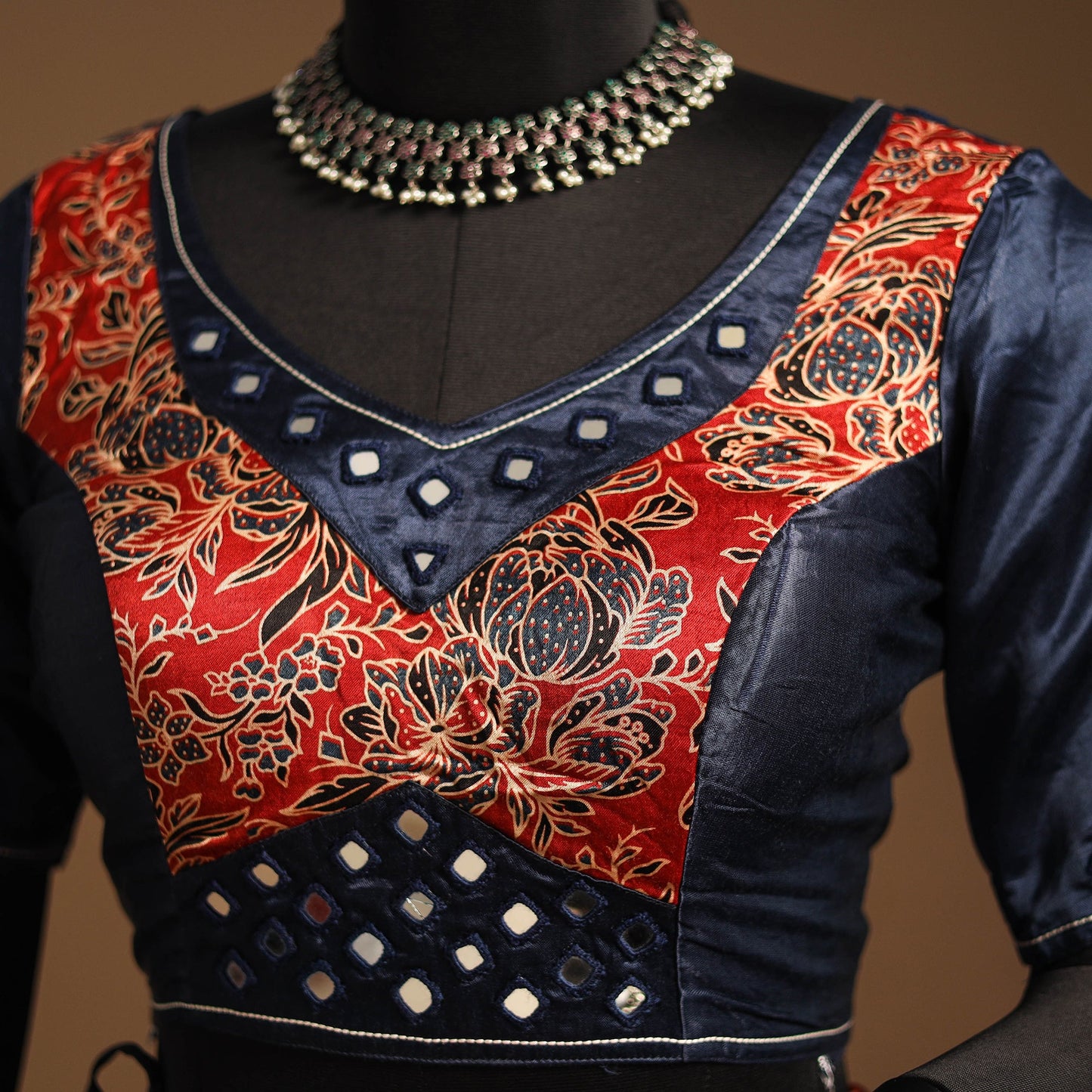 Blue Navratri Garba Chaniya Choli Set in Mashru Silk with Ajrakh Patch