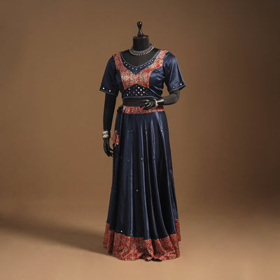 Blue Navratri Garba Chaniya Choli Set in Mashru Silk with Ajrakh Patch