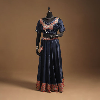 Blue Navratri Garba Chaniya Choli Set in Mashru Silk with Ajrakh Patch