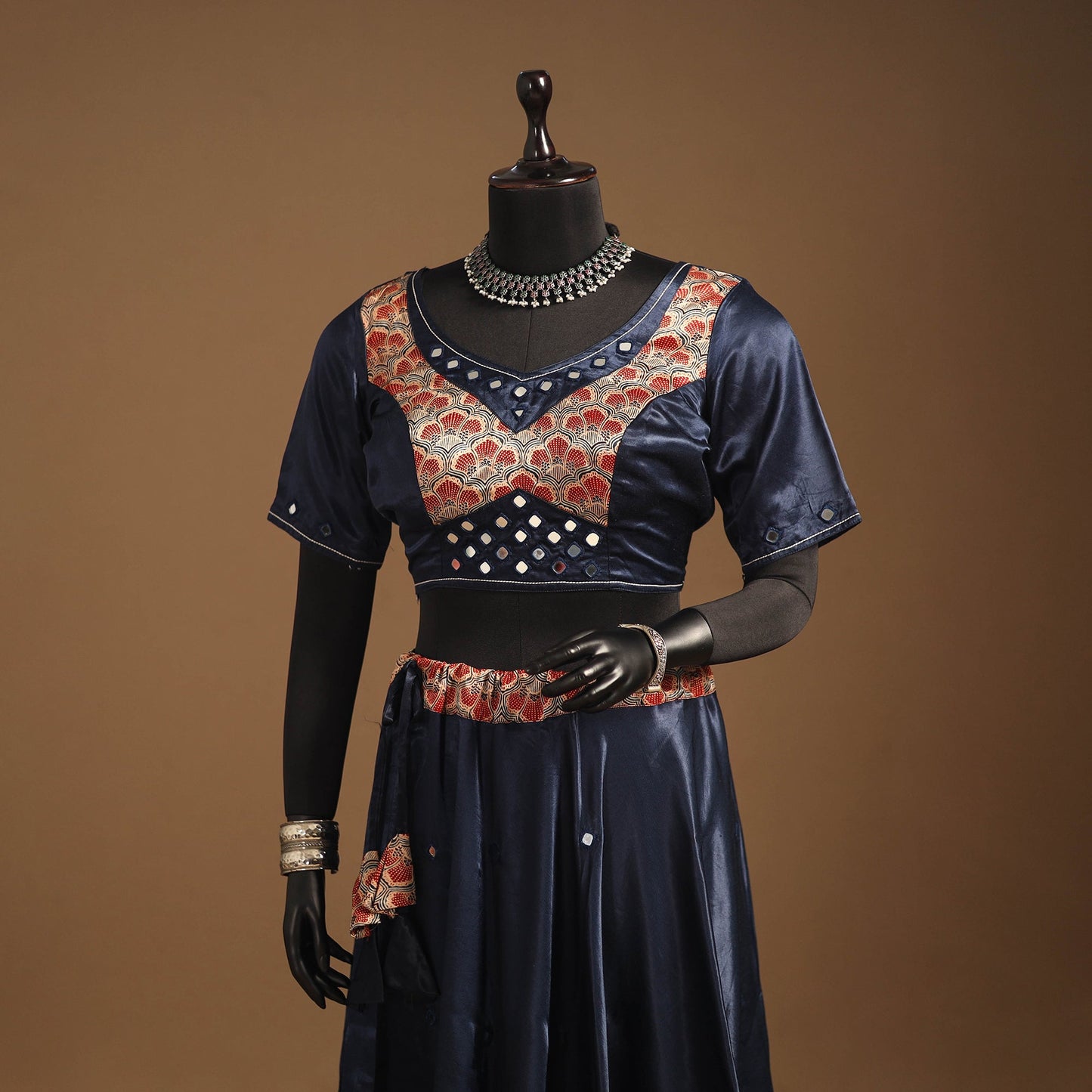 Blue Navratri Garba Chaniya Choli Set in Mashru Silk with Ajrakh Patch