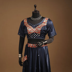 Blue Navratri Garba Chaniya Choli Set in Mashru Silk with Ajrakh Patch