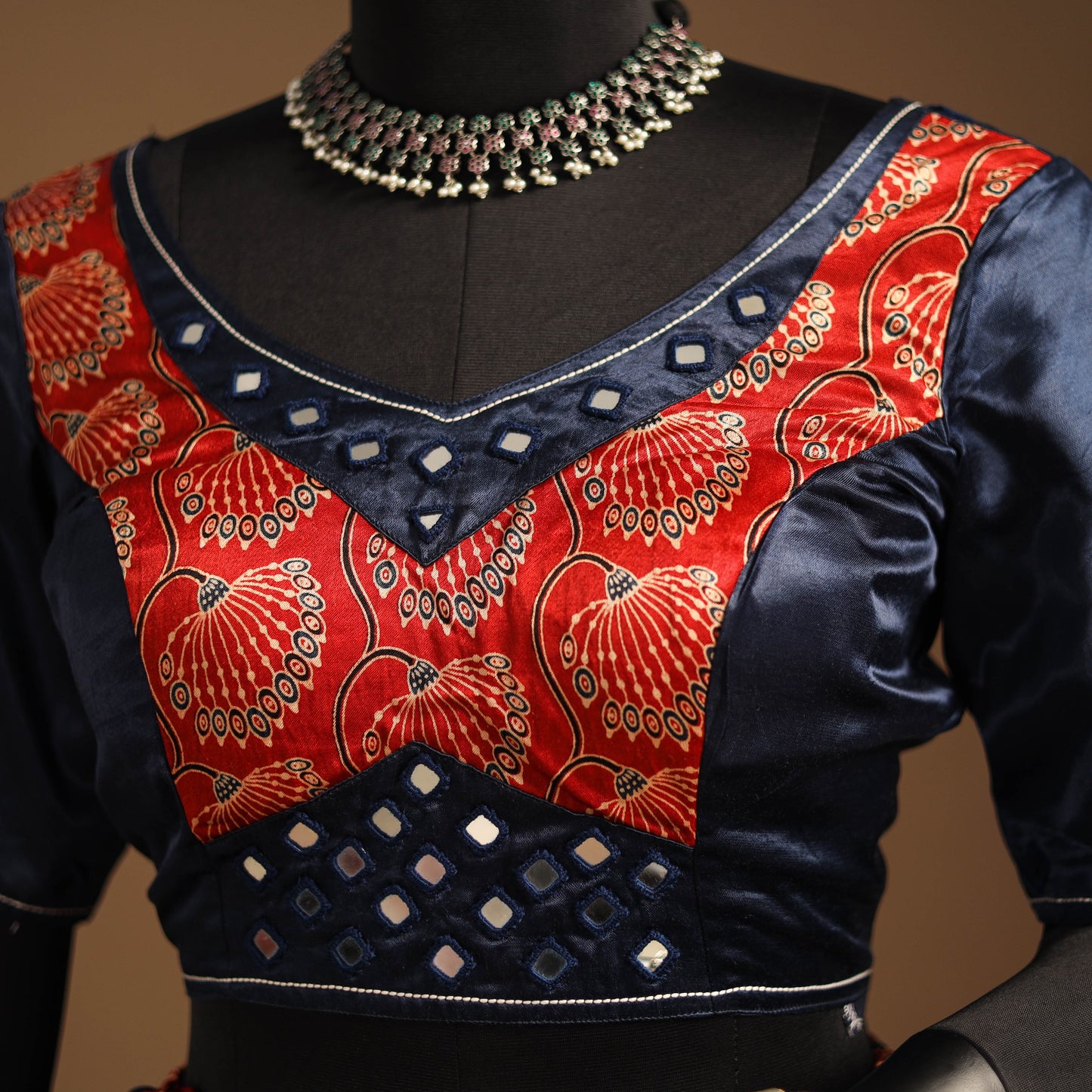 Blue Navratri Garba Chaniya Choli Set in Mashru Silk with Ajrakh Patch