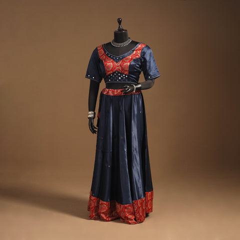 Blue Navratri Garba Chaniya Choli Set in Mashru Silk with Ajrakh Patch