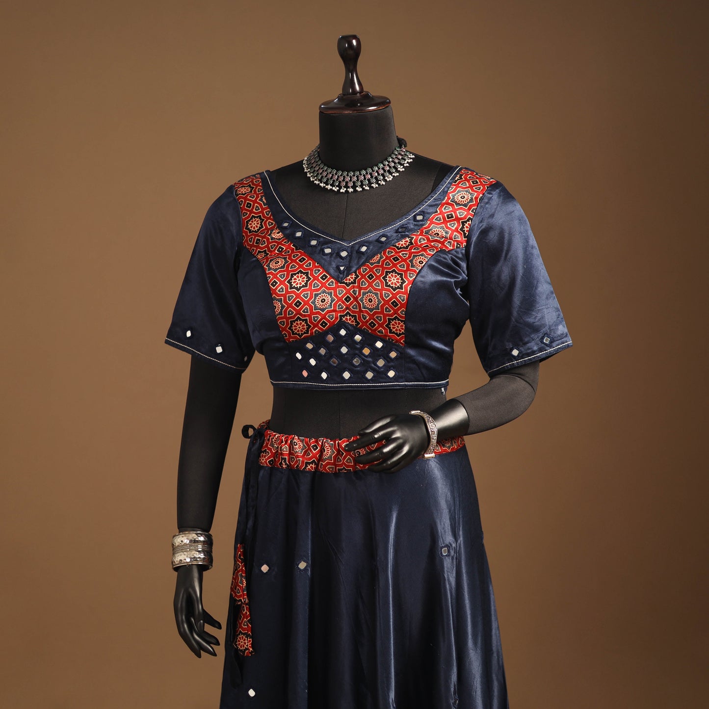 Blue Navratri Garba Chaniya Choli Set in Mashru Silk with Ajrakh Patch