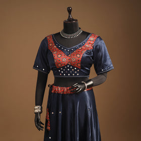 Blue Navratri Garba Chaniya Choli Set in Mashru Silk with Ajrakh Patch