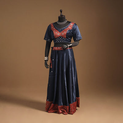 Blue Navratri Garba Chaniya Choli Set in Mashru Silk with Ajrakh Patch