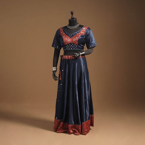 Blue Navratri Garba Chaniya Choli Set in Mashru Silk with Ajrakh Patch