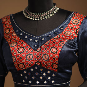 Blue Navratri Garba Chaniya Choli Set in Mashru Silk with Ajrakh Patch