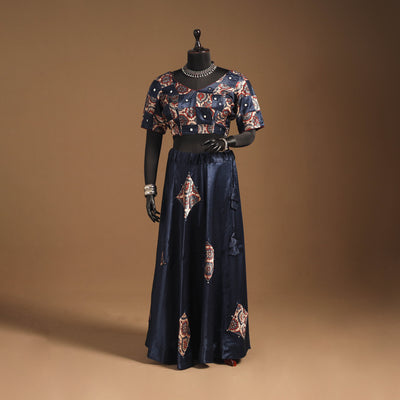 Blue Navratri Garba Chaniya Choli Set in Mashru Silk with Ajrakh Patch