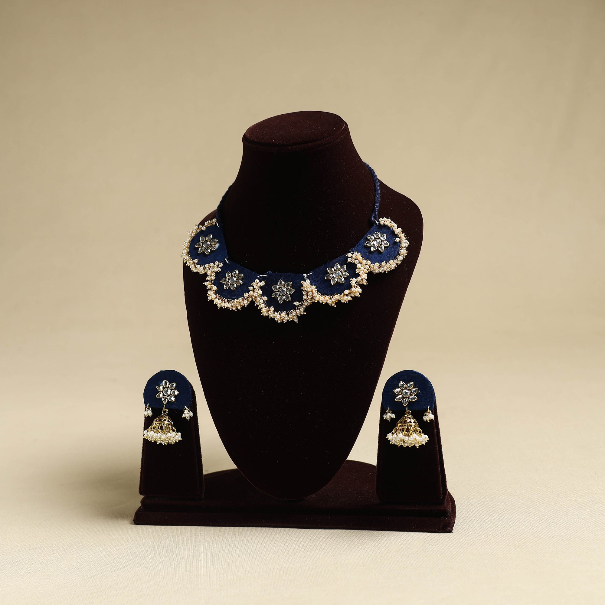 Blue Fabart Pearl & Stone Work Necklace Set