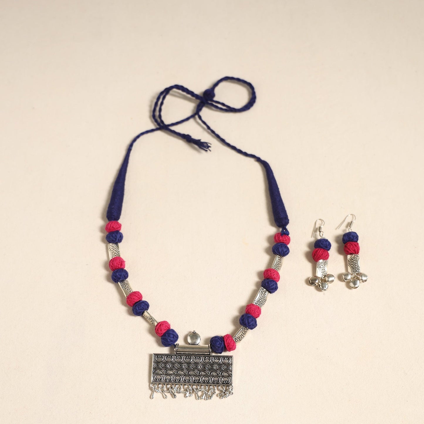 Navratri Special! Blue German Silver Thread Beads Necklace Set