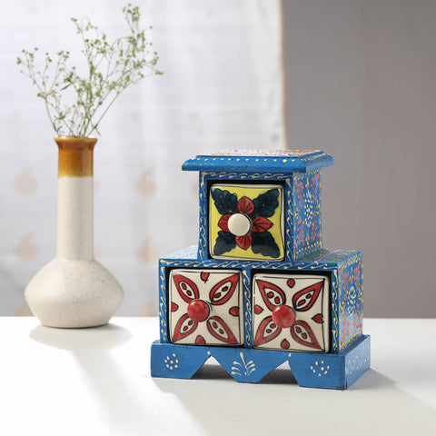  Neem Wood Hand Painted Blue Pottery Ceramic Triple Drawer 