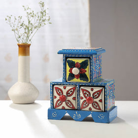  Neem Wood Hand Painted Blue Pottery Ceramic Triple Drawer 
