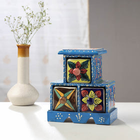  Neem Wood Hand Painted Blue Pottery Ceramic Triple Drawer 