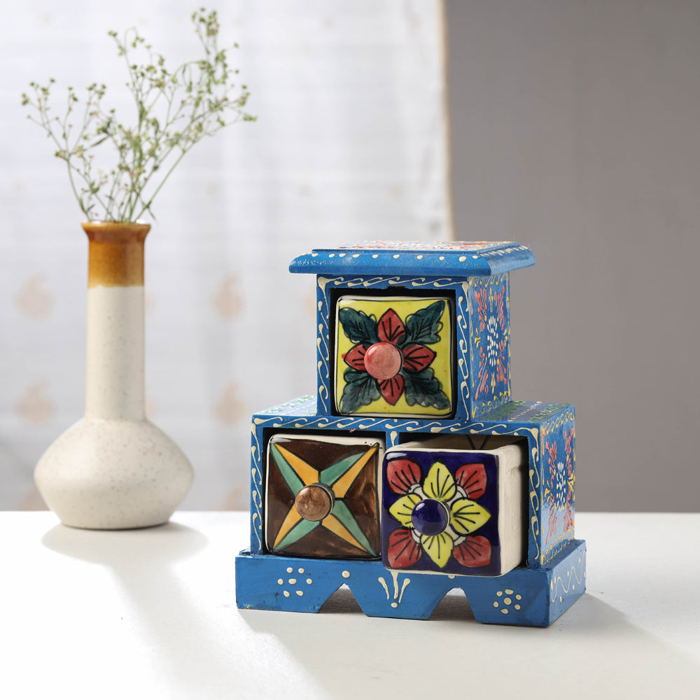  Neem Wood Hand Painted Blue Pottery Ceramic Triple Drawer 