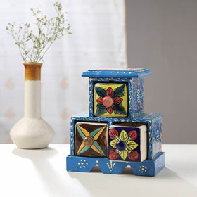  Neem Wood Hand Painted Blue Pottery Ceramic Triple Drawer 