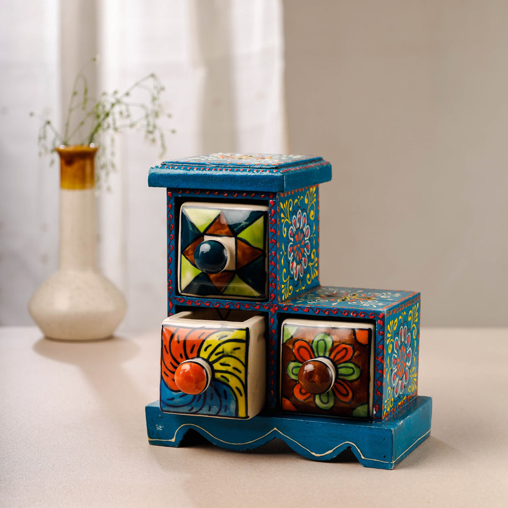 Buy Neem Wood Hand Painted Blue Pottery Ceramic Triple Drawer Online at iTokri.com